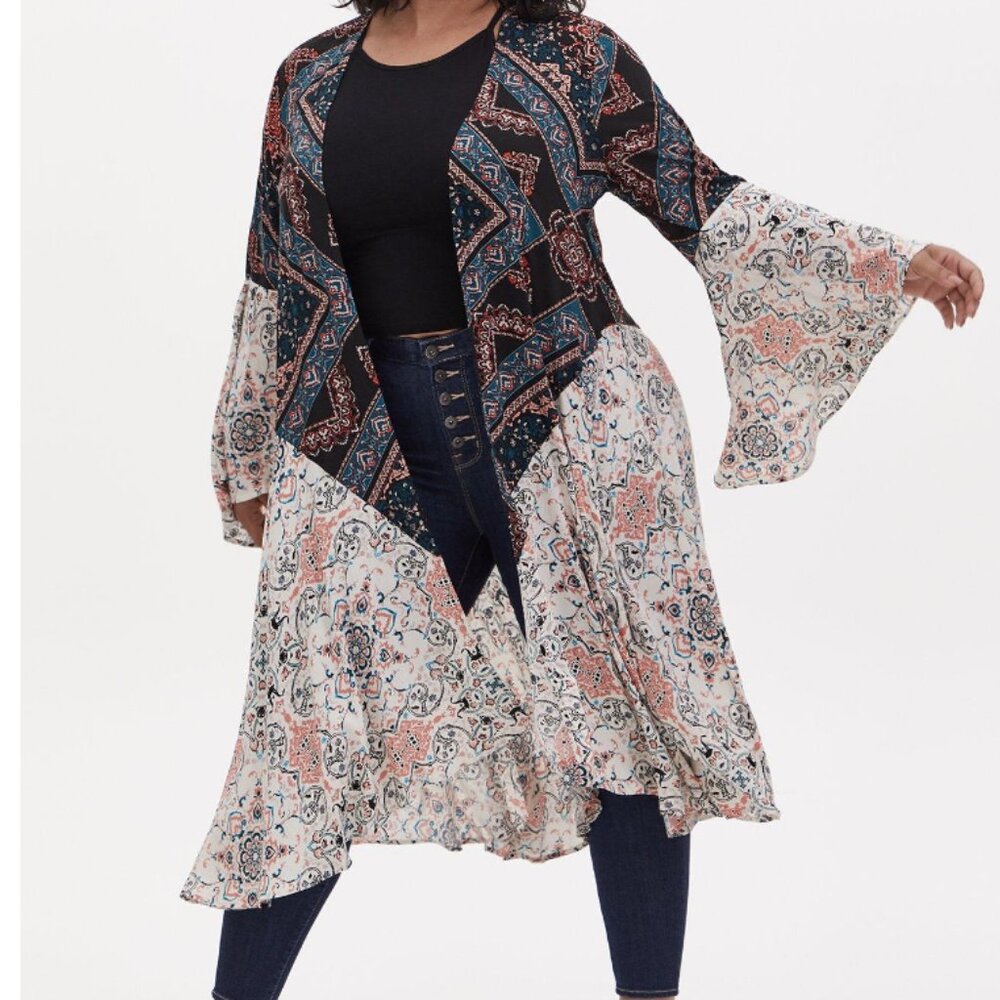 Torrid 1X Kimono Chiffon High-Low Gauze Open Front Long Bell Sleeves Boho